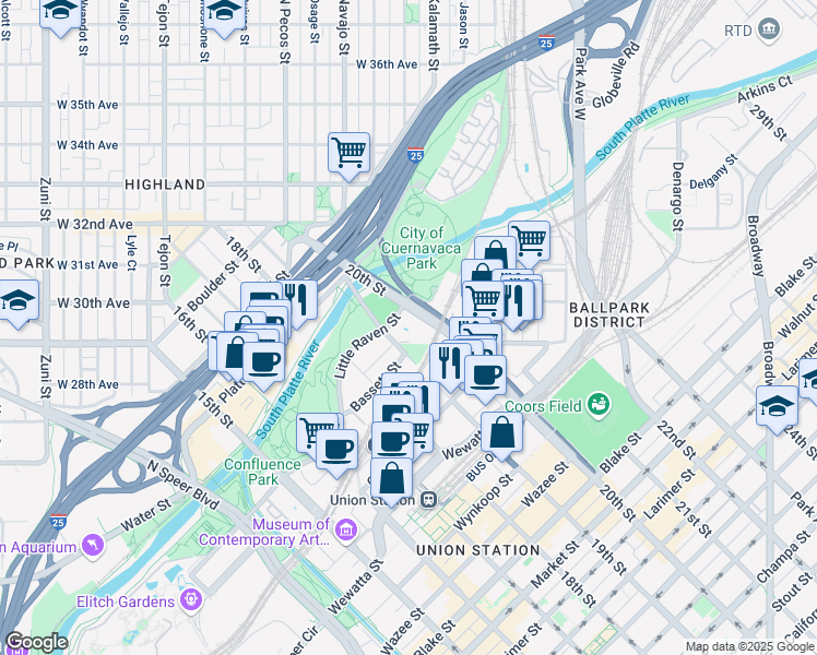 map of restaurants, bars, coffee shops, grocery stores, and more near 2135 19th Street in Denver