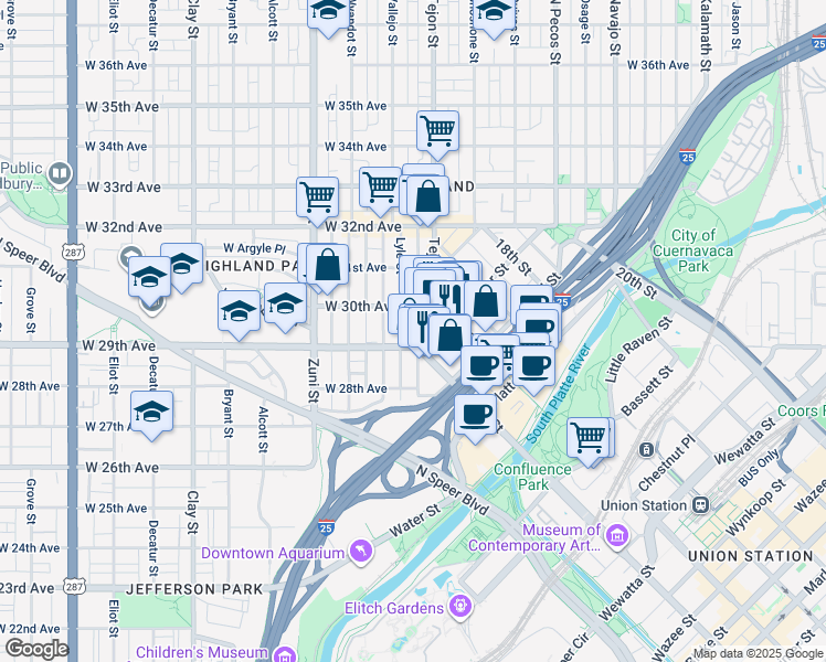 map of restaurants, bars, coffee shops, grocery stores, and more near in Denver