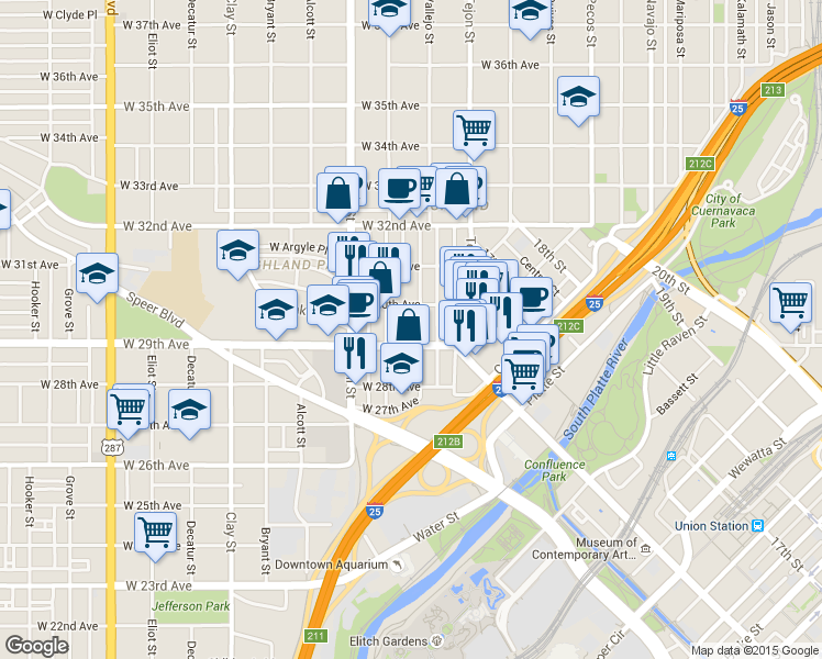 map of restaurants, bars, coffee shops, grocery stores, and more near 2205 West 29th Avenue in Denver