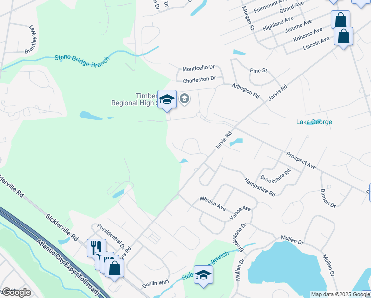 map of restaurants, bars, coffee shops, grocery stores, and more near 32 Spar Drive in Sicklerville