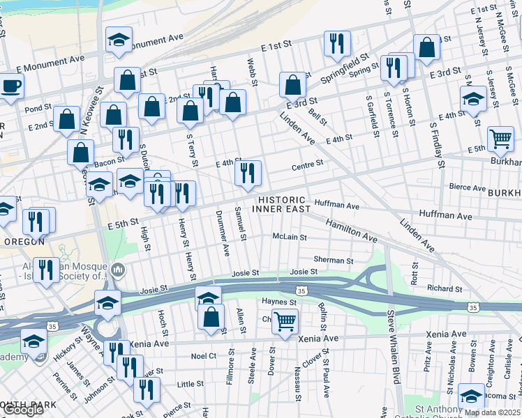 map of restaurants, bars, coffee shops, grocery stores, and more near 32 Hamilton Avenue in Dayton