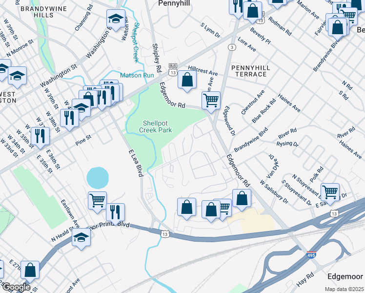 map of restaurants, bars, coffee shops, grocery stores, and more near 15 Courtyard Lane in Wilmington