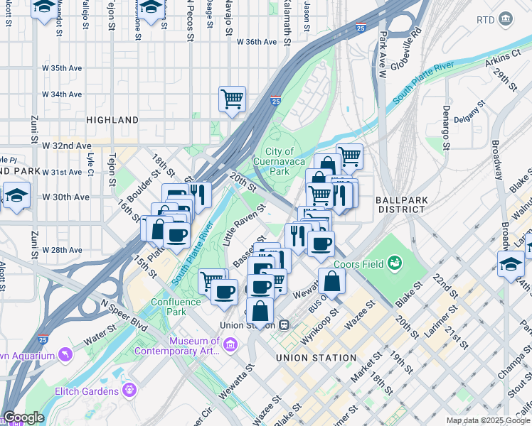 map of restaurants, bars, coffee shops, grocery stores, and more near 1900 Little Raven Street in Denver