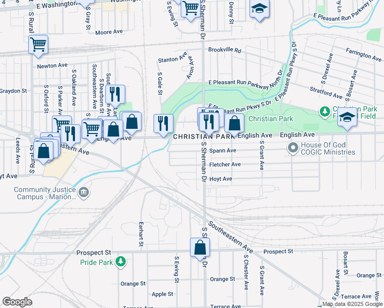 map of restaurants, bars, coffee shops, grocery stores, and more near 3713 Spann Avenue in Indianapolis
