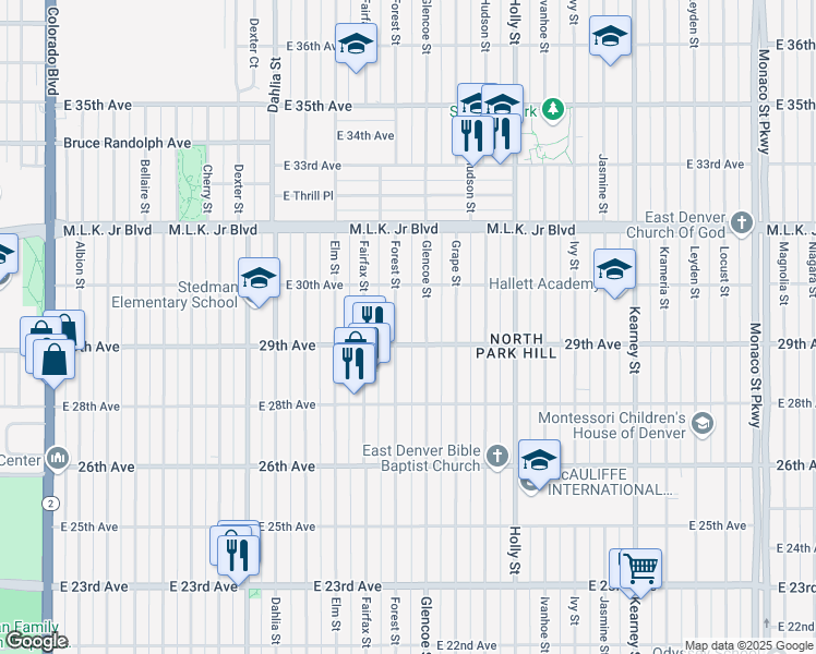 map of restaurants, bars, coffee shops, grocery stores, and more near 2924 Forest Street in Denver