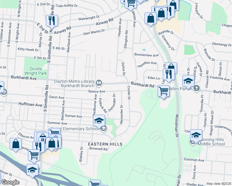 map of restaurants, bars, coffee shops, grocery stores, and more near 2000 Speice Avenue in Dayton