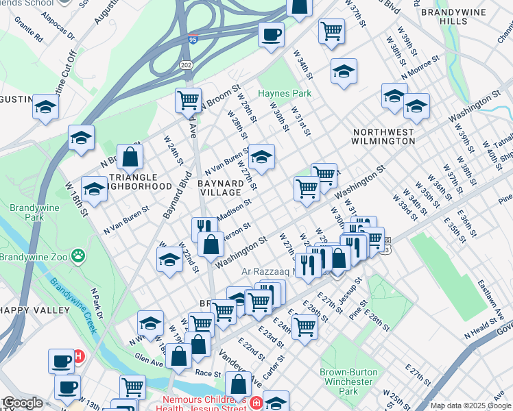 map of restaurants, bars, coffee shops, grocery stores, and more near 2607 Creston Place in Wilmington