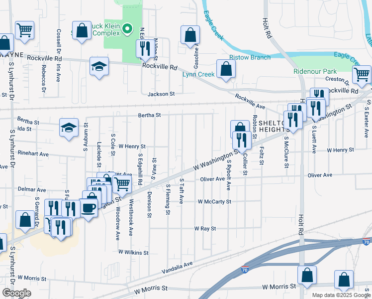 map of restaurants, bars, coffee shops, grocery stores, and more near 342 South Roena Street in Indianapolis