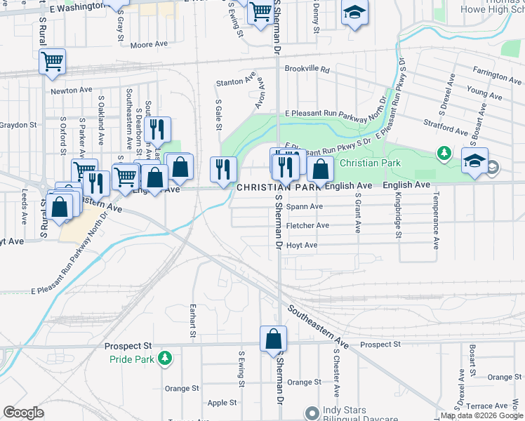 map of restaurants, bars, coffee shops, grocery stores, and more near 3713 Spann Avenue in Indianapolis