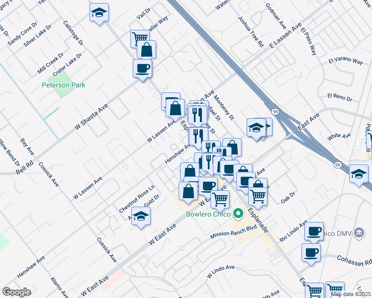 map of restaurants, bars, coffee shops, grocery stores, and more near 123 Henshaw Avenue in Chico