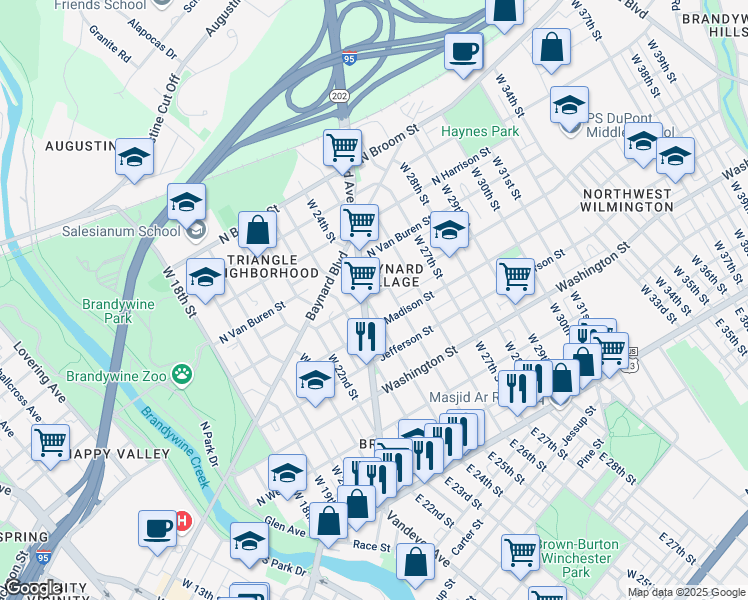 map of restaurants, bars, coffee shops, grocery stores, and more near 2404 North Monroe Street in Wilmington