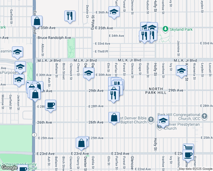 map of restaurants, bars, coffee shops, grocery stores, and more near 2933 Elm Street in Denver