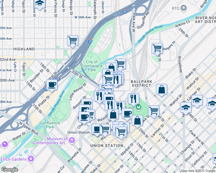 map of restaurants, bars, coffee shops, grocery stores, and more near 2905 Inca Street in Denver