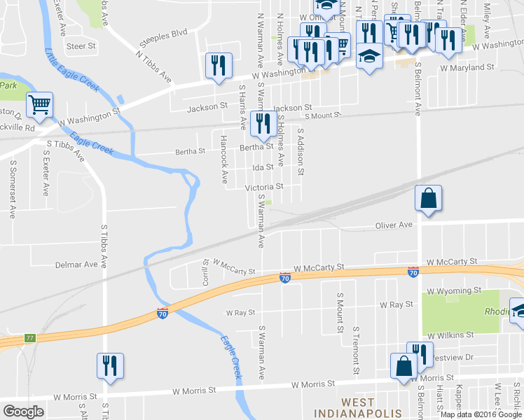 map of restaurants, bars, coffee shops, grocery stores, and more near 544 South Warman Avenue in Indianapolis