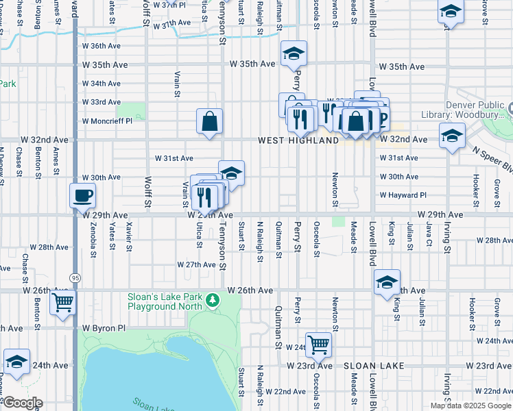 map of restaurants, bars, coffee shops, grocery stores, and more near 2921 Raleigh Street in Denver