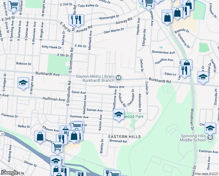 map of restaurants, bars, coffee shops, grocery stores, and more near 1826 Speice Avenue in Dayton