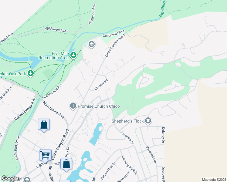 map of restaurants, bars, coffee shops, grocery stores, and more near 3008 California Park Drive in Chico