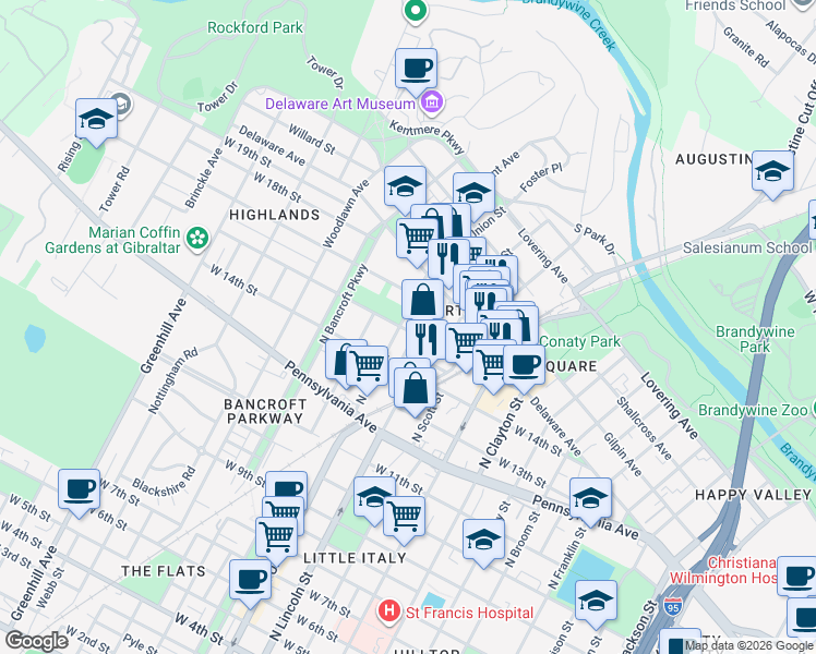 map of restaurants, bars, coffee shops, grocery stores, and more near 1903 West 16th Street in Wilmington