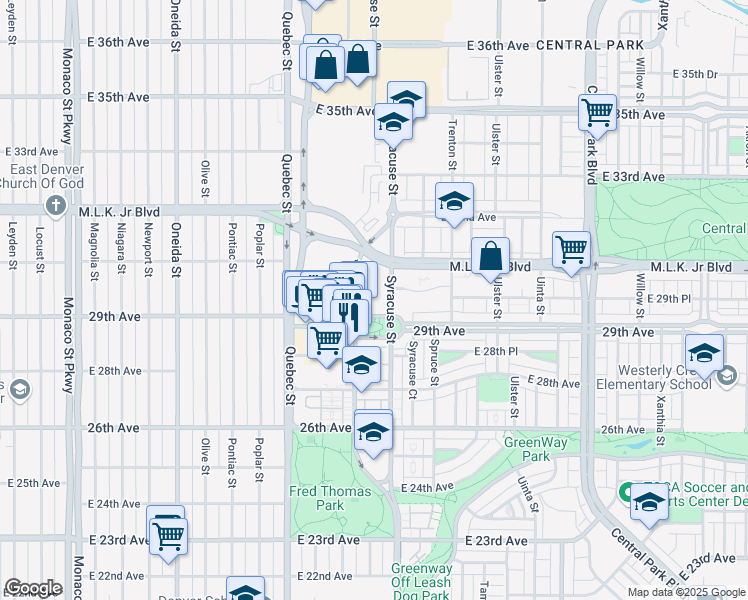 map of restaurants, bars, coffee shops, grocery stores, and more near 2957-2997 Syracuse Street in Denver