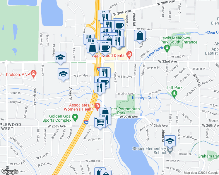 map of restaurants, bars, coffee shops, grocery stores, and more near 3000 Youngfield Street in Wheat Ridge