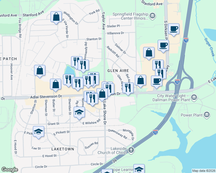 map of restaurants, bars, coffee shops, grocery stores, and more near 3100 Taylor Avenue in Springfield