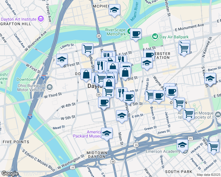 map of restaurants, bars, coffee shops, grocery stores, and more near in Dayton