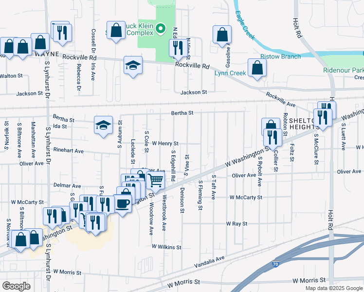 map of restaurants, bars, coffee shops, grocery stores, and more near 501 South Vine Street in Indianapolis