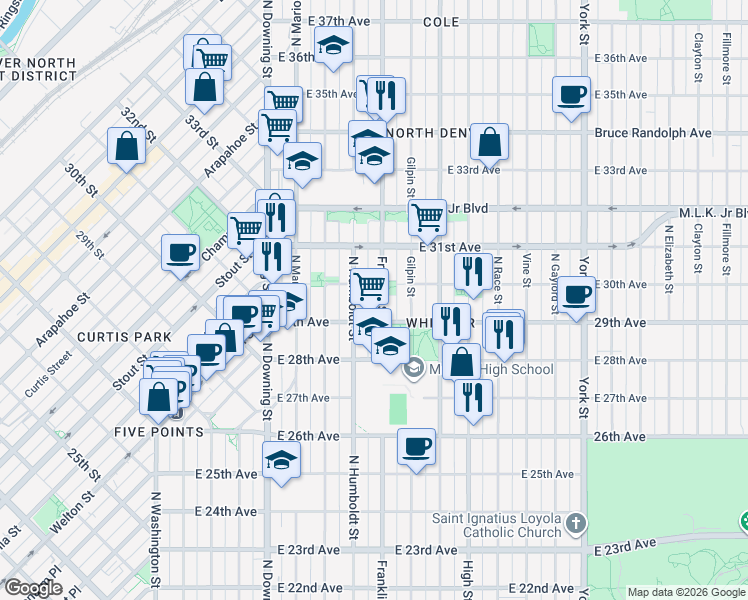 map of restaurants, bars, coffee shops, grocery stores, and more near 2935 Franklin Street in Denver