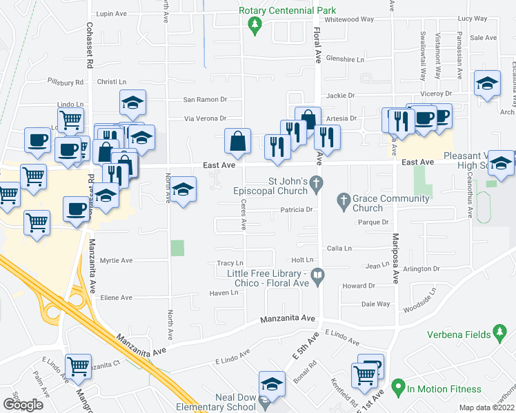 map of restaurants, bars, coffee shops, grocery stores, and more near 1160 Patricia Drive in Chico