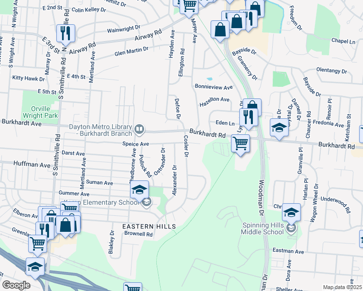 map of restaurants, bars, coffee shops, grocery stores, and more near 2032 Speice Avenue in Dayton