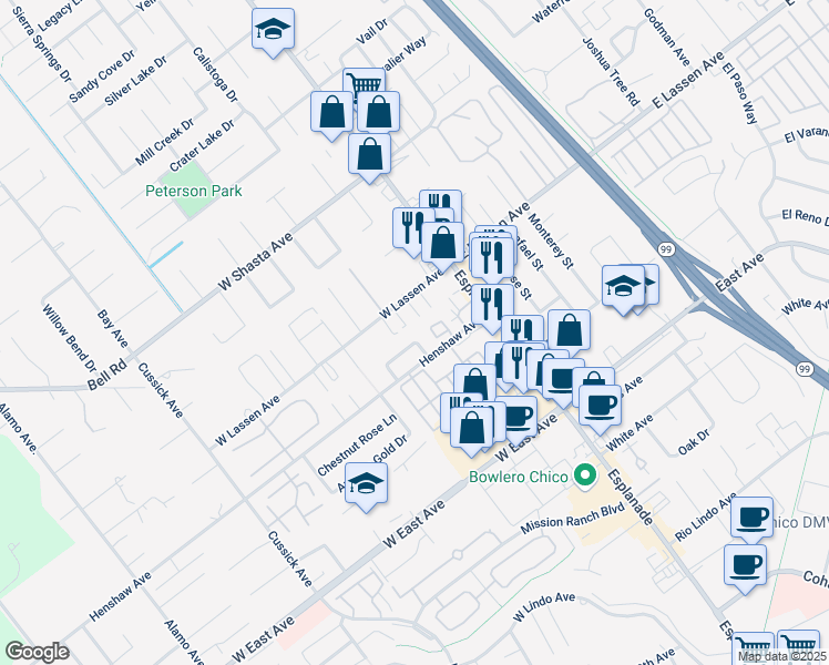 map of restaurants, bars, coffee shops, grocery stores, and more near 2751 Lowell Drive in Chico