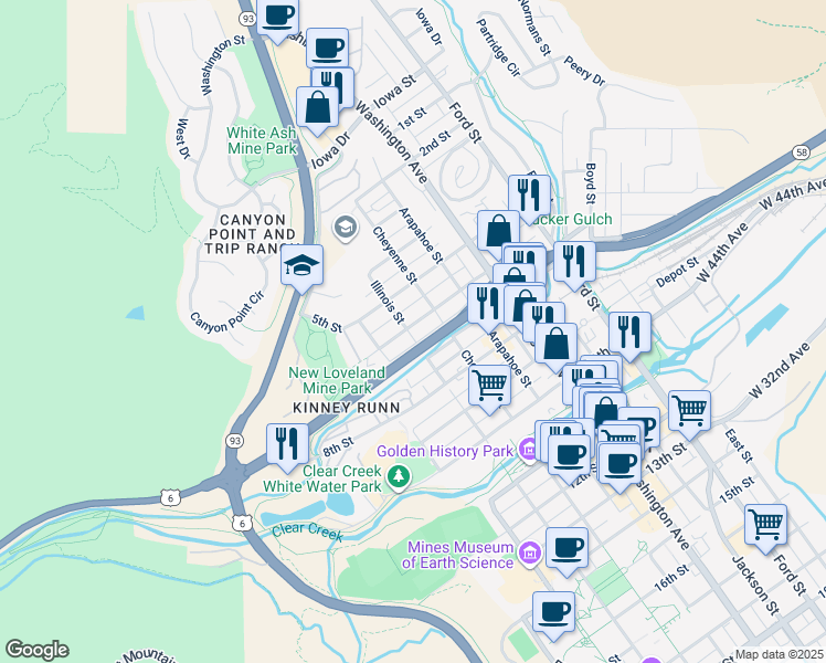 map of restaurants, bars, coffee shops, grocery stores, and more near 1023 6th Street in Golden
