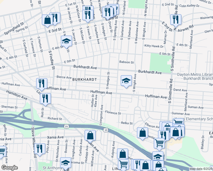 map of restaurants, bars, coffee shops, grocery stores, and more near 228 Pleasant Avenue in Dayton