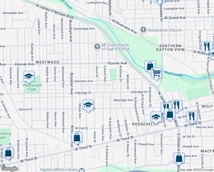 map of restaurants, bars, coffee shops, grocery stores, and more near 323 Lorenz Avenue in Dayton