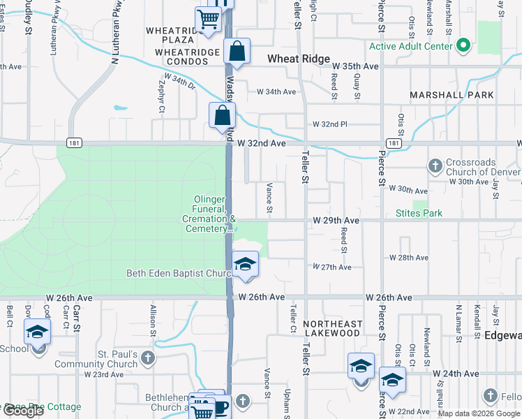 map of restaurants, bars, coffee shops, grocery stores, and more near 2910 Webster Street in Wheat Ridge