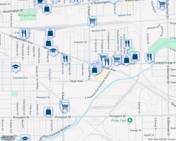 map of restaurants, bars, coffee shops, grocery stores, and more near 528 South Rural Street in Indianapolis