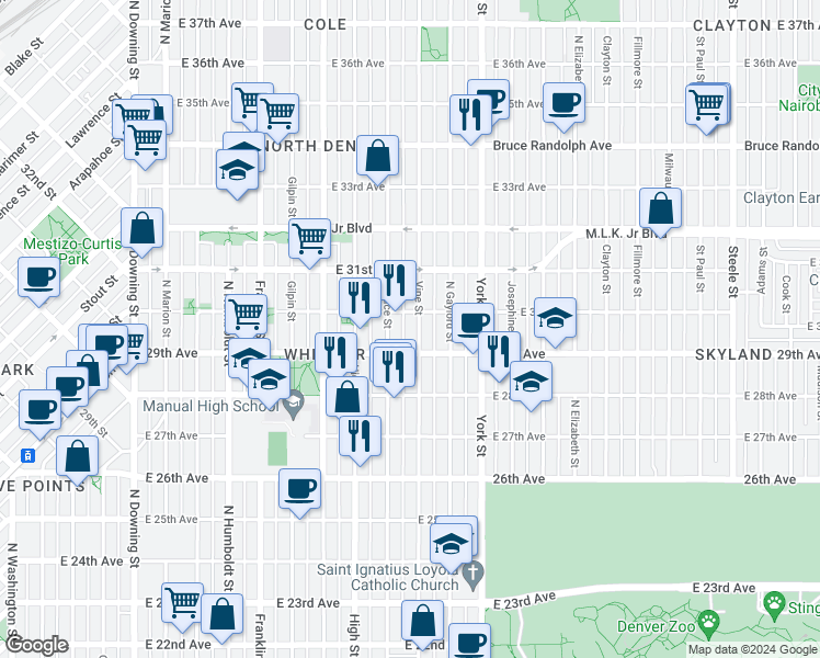 map of restaurants, bars, coffee shops, grocery stores, and more near 2939 Vine Street in Denver