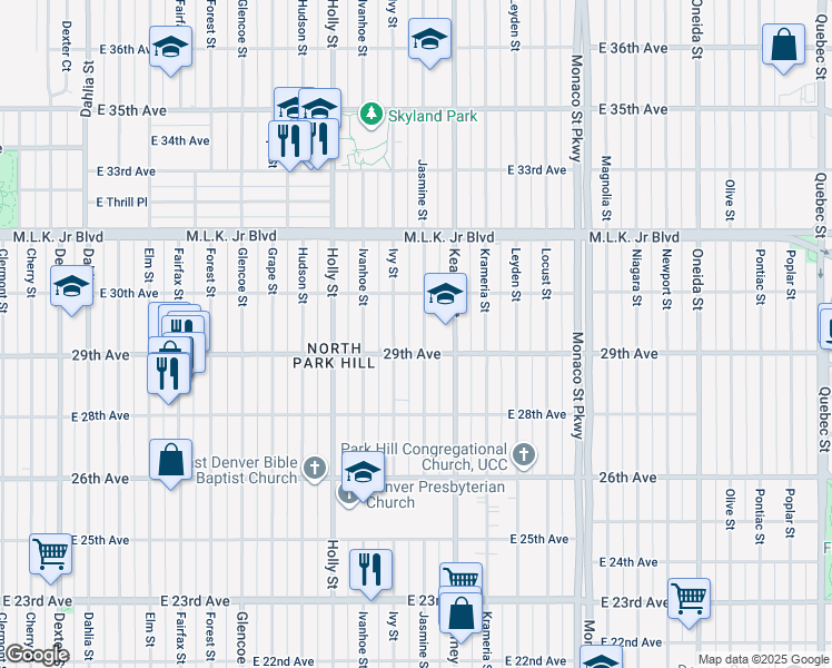 map of restaurants, bars, coffee shops, grocery stores, and more near 2931 Jasmine Street in Denver