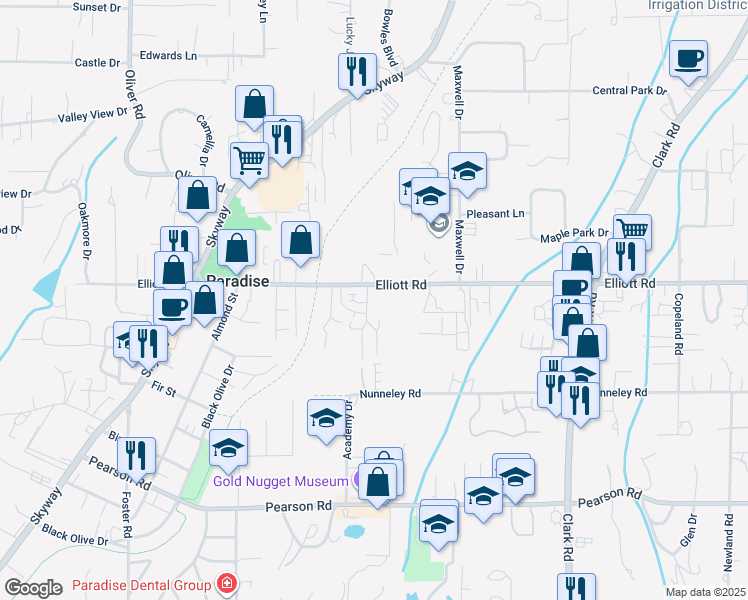 map of restaurants, bars, coffee shops, grocery stores, and more near 5941 Camino Lane in Paradise