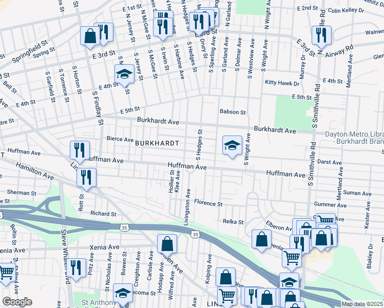 map of restaurants, bars, coffee shops, grocery stores, and more near 218 Pleasant Avenue in Dayton