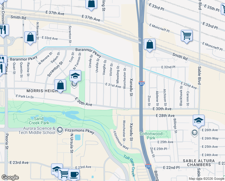 map of restaurants, bars, coffee shops, grocery stores, and more near 3078 Victor Street in Aurora