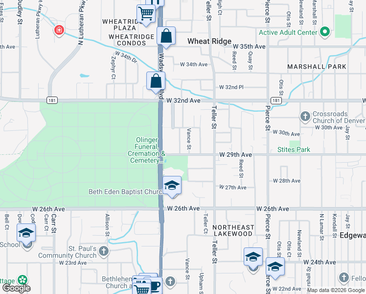 map of restaurants, bars, coffee shops, grocery stores, and more near 2910 Webster St in Wheat Ridge