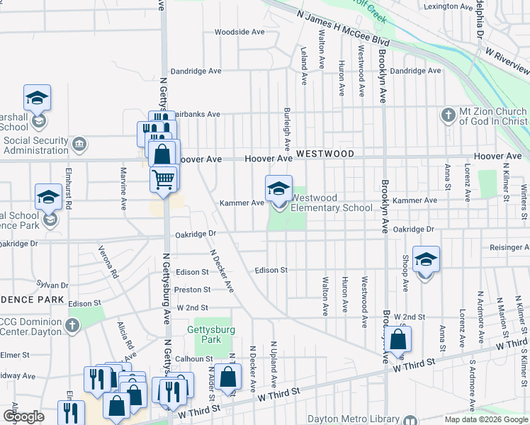 map of restaurants, bars, coffee shops, grocery stores, and more near 629 North Upland Avenue in Dayton