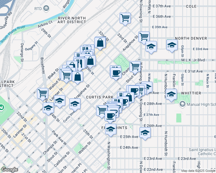 map of restaurants, bars, coffee shops, grocery stores, and more near 2890 Curtis Street in Denver