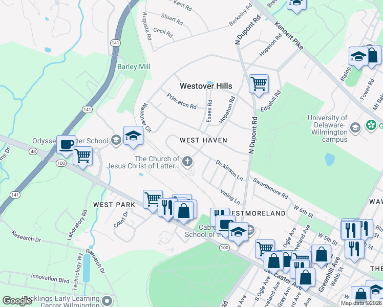 map of restaurants, bars, coffee shops, grocery stores, and more near 136 Dickinson Lane in Wilmington