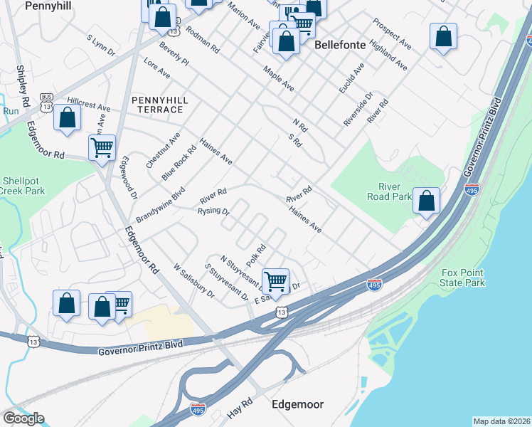 map of restaurants, bars, coffee shops, grocery stores, and more near 39 North Cannon Drive in Wilmington