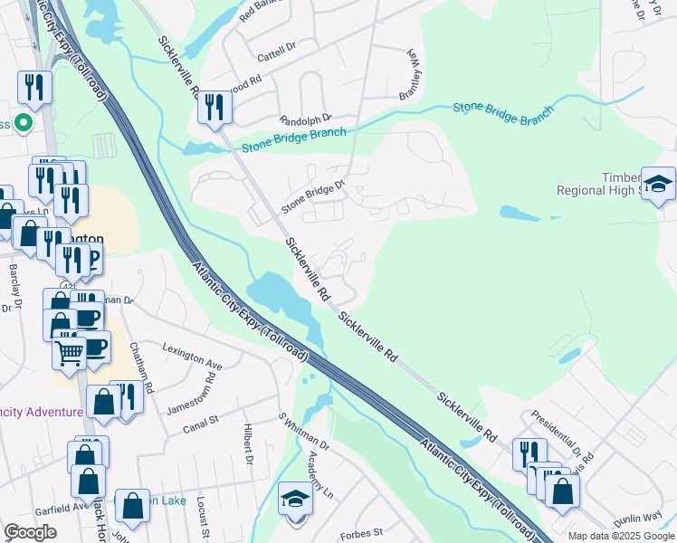 map of restaurants, bars, coffee shops, grocery stores, and more near 303 Brighton Court in Sicklerville