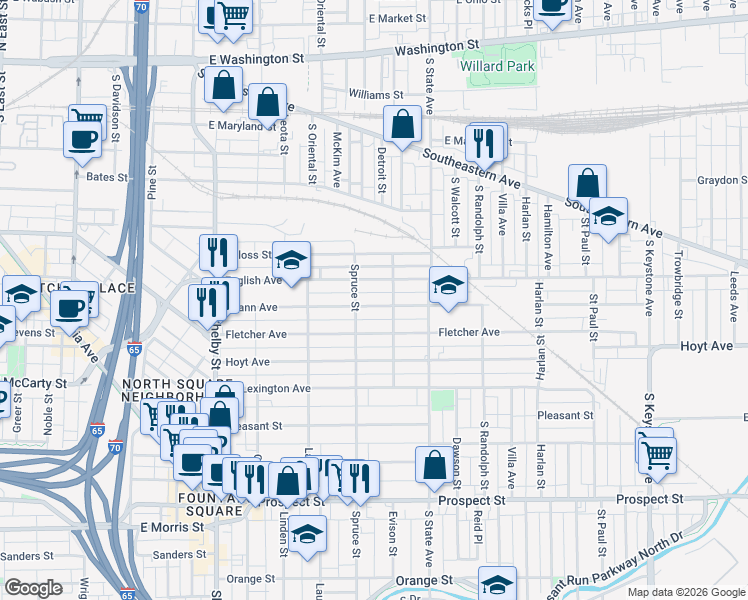 map of restaurants, bars, coffee shops, grocery stores, and more near 1524 Spann Avenue in Indianapolis