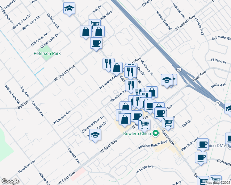map of restaurants, bars, coffee shops, grocery stores, and more near 2781 Revere Lane in Chico