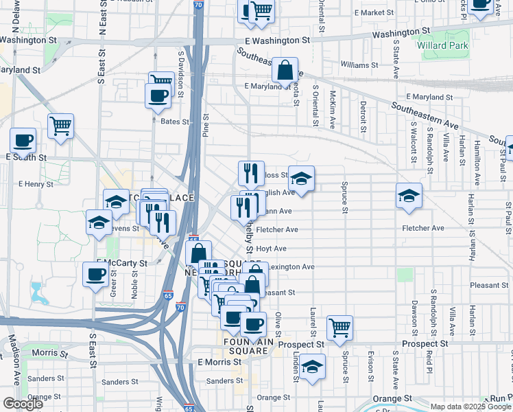 map of restaurants, bars, coffee shops, grocery stores, and more near 1112 Spann Avenue in Indianapolis